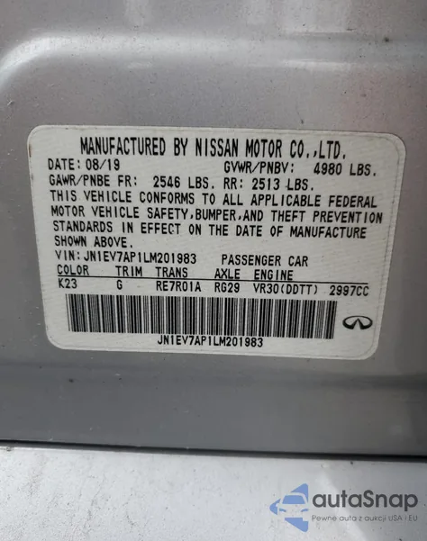 2020 Infiniti Q50 Pure из США, поврежденный, VIN JN1EV7AP1LM201983